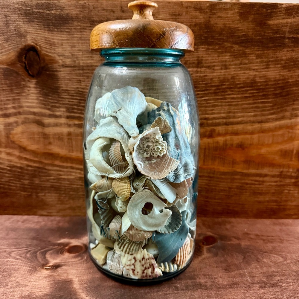 Vintage Blue Glass Mason Jar with Natural Sea Shell Collection & Wood Lid Decor